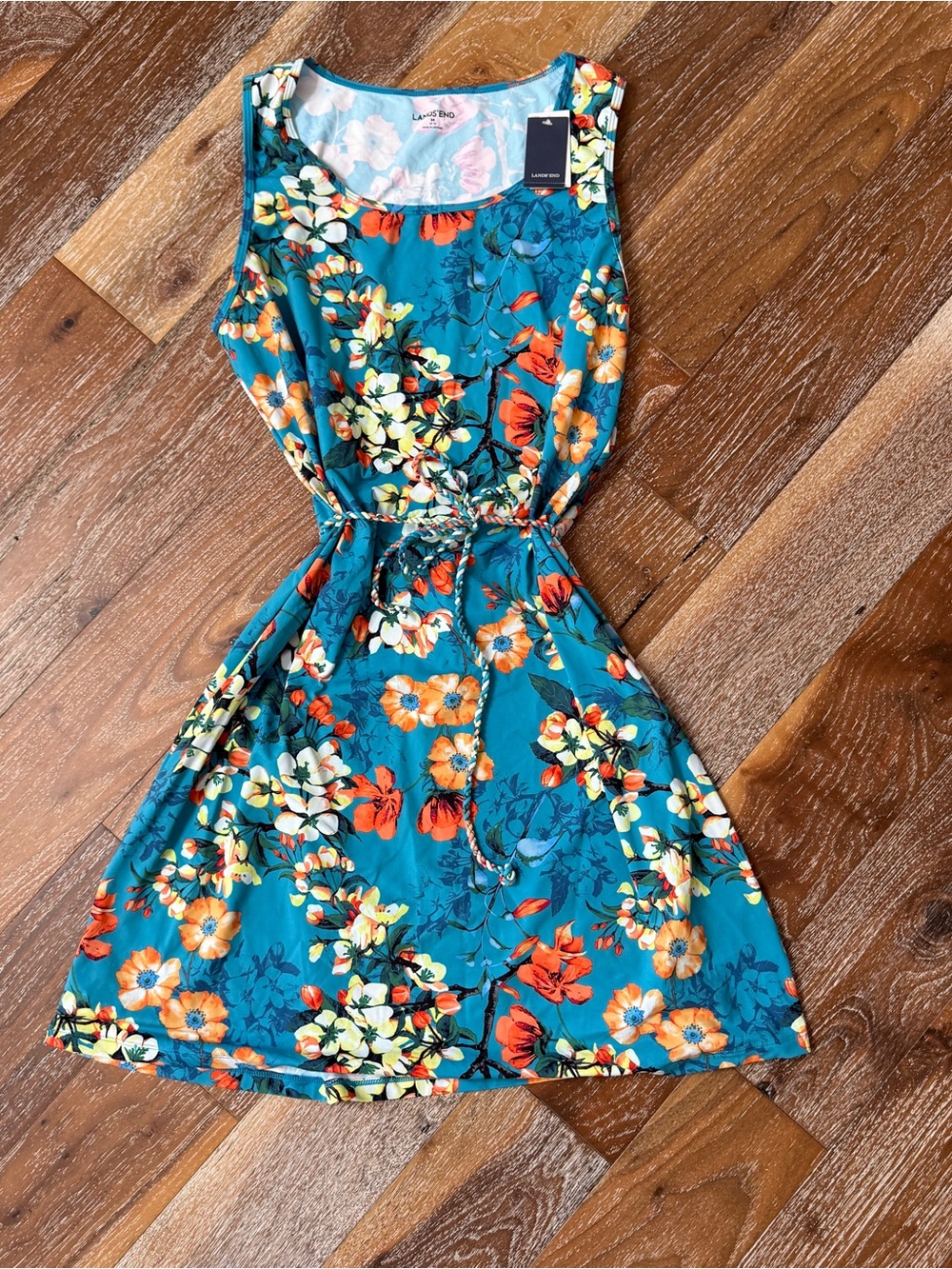 Lands' End NWT Teal Floral Swim Dress / Coverup with Tie Waist UPF 50 / Sz 10-12